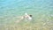 A young girl lying on her stomach in the sea and move their feet and hands in the water