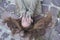 Young girl lying on the stone pavement with scattered hair.