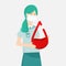 A young girl medical staff holds a drop of blood in the medical center. World Blood Donor Day. Vector illustration