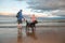 Young girl and mother walking dog along the water`s edge at sunset on a beach