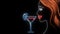 Young girl neon animation on alfa channel. 2D side view of young lady with drinking glass. Alcohol, drink, beverage