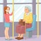 Young girl offering a seat to an old lady in public transport. Vector illustration.