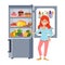 Young girl with open fridge vector illustration. Woman and refrigerator full food. Female standing near fridges