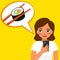 young girl orders Japanese rolls by phone. vector illustration on yellow background