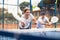 Young girl paddle tennis player performing forehand