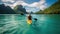 A young girl is paddling the kayak in the calm tropical bay. Paddle in hand. In the background, the sunset