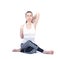 Young girl performs different poses of yoga, flexible beautiful model on a white background. meditation and asanas.