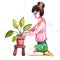 A young girl in a pink shirt looks after a houseplant