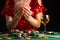 Young girl plays poker in a casino. Focus on playing cards in focus