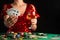 Young girl plays poker in a casino. Focus on playing cards in focus
