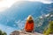 Young girl on Positano coast background, Amalfi, Italy