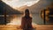 Young girl practice yoga on wooden pier with a view on lake and beautiful landscape. Generative AI