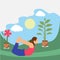 Young girl practicing yoga, Lying cartoon on the park, nature landscape. Healthy lifestyle.A creative vector illustration