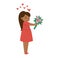 Young girl in red dress holding a bouquet of pink flowers, love hearts above head. Child expresses happiness and