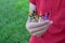 A young girl with a red shirt holding crayons