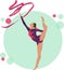 Young girl rhythmic gymnastics with ribbon vector illustration. Training performance strength gymnastics. Championship workout