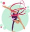 Young girl rhythmic gymnastics with ribbon vector illustration. Training performance strength gymnastics. Championship workout