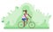 Young girl rides a bicycle in a forest or park area. Outdoor activity. Spotr and recreation