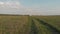 A young girl rides a bicycle on a rural road. Quadcopter shooting. View from above