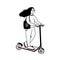 Young girl rides an electric kick scooter. Female character with eco tote bag on mobile and healthy transport. Black