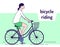 Young girl rides on female bike with basket vector illustration. Healthy lifestyle and rest on nature. Adorable female bicyclist.