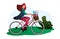 Young girl riding bicycle or cycle with flower basket