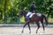 Young girl riding horse on equestrian competition