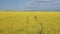 Young girl running through canola field - high angle view