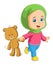 The young girl is running and holding the favorite teddy bear