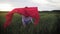 Young girl running with red tissue in green field. Happy cute girl playing in the wheat field on a warm summer day at