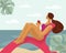 A young girl on the seashore in a sun lounger drinks wine or juice. Summer, vacation at sea. Colorful banner to attract