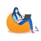 A young girl sits in a chair with a laptop and works online. Pandemic coronavirus and global quarantine. Vector illustration on a