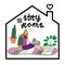 Young girl sits at home, holds a cat in her hands, plants and a carpet, Flat design. Stay home concept. Coronavirus