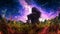 A young girl sits in the middle of a large glade of magical flowers and looks into infinity, against the background of the night