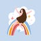 The young girl sits on a rainbow. Positive thinking concept. Cute design for poster or t-shirt print. Vector funny illustration