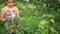 Young girl sitting on chair, collecting berries in garden.