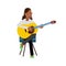 Young girl sitting on the chair, playing acoustic guitar and singing. Pop music singer, happy artist. Vector flat