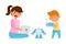 Young Girl Sitting with Kid and Configuring Robot with Laptop Vector Illustration