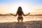 Young Girl Sitting Lotus Pose On Beach At Sunset, Beautiful Woman Practicing Yoga Summer Vacation Meditation Seaside