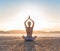 Young Girl Sitting Lotus Pose On Beach At Sunset, Beautiful Woman Practicing Yoga Summer Vacation Meditation Seaside