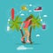 Young girl skateboarding next to palms. Vector illustration in flat style. Urban citizen character. Skateboard, phone