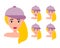 Young girl smiling, surprised, happy, smiling, idea, kind, angry, greeting emotion face vector character. Blond in hat