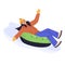 Young girl on snow tubing sliding down hill slope on winter holidays. Happy wintertime activity, fun. Flat vector