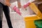 Young girl sorting garbage at the kitchen. Concept of recycling. Zero waste