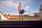 A young girl at the stadium arrived for a training. Sport, athletics, athletes