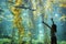 Young Girl Standing Up Against Large Aquarium Observation Glass