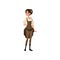 Young girl in steampunk costume. Woman wearing chemise blouse, pants, corset and boots. Fancy festival dress. Flat