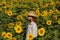 Young girl in a straw hat is standing in a large field of sunflowers. Summer time.