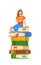 Young girl student sits on stack of giant books