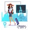 Young girl with a suitcase in a hat travels around the city. Order a taxi through the app.